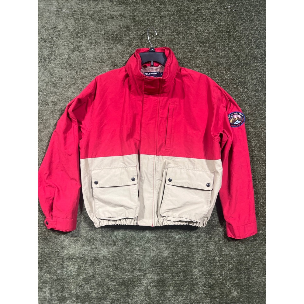 Polo Sport Ralph Lauren Jacket Mens L Red Tan Colorblock Storable Hood Vintage
